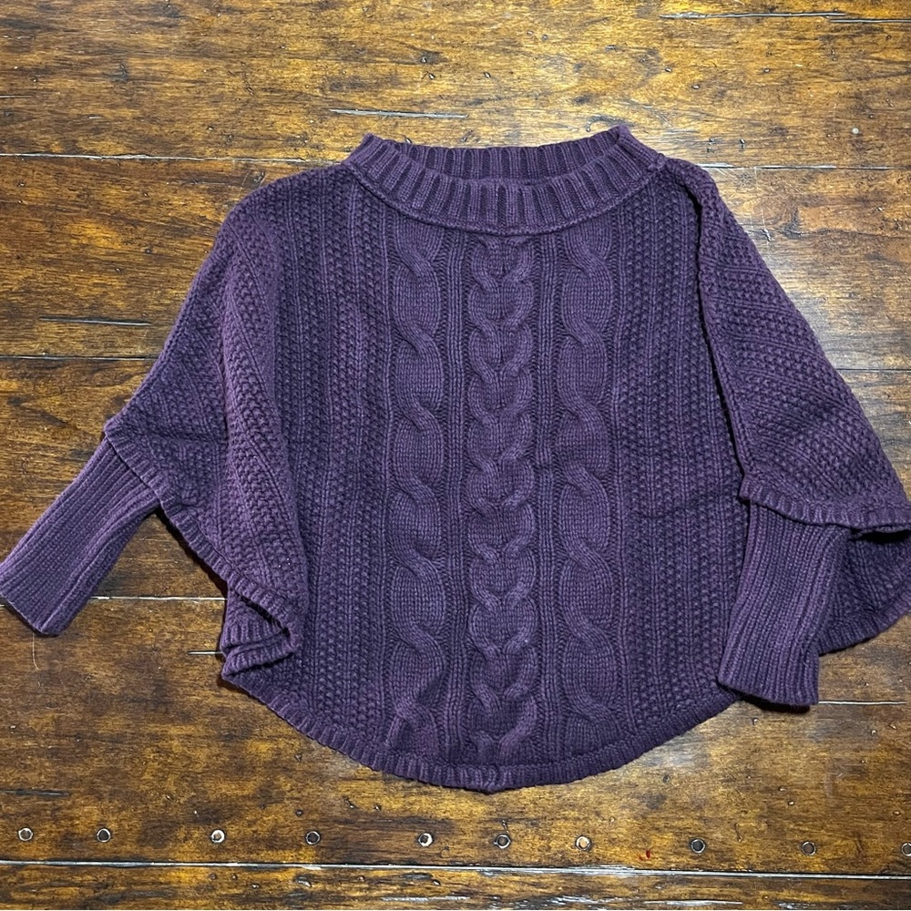 Ann Taylor LOFT Chunky Cable-Knit Purple Pullover Sweater Pancho XS/S Wool Blend